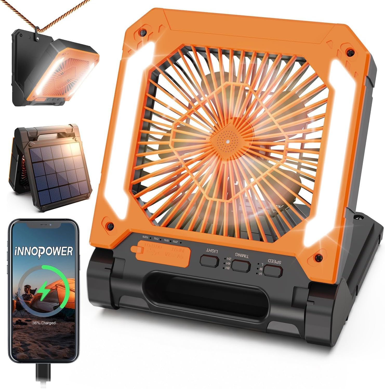 Portable Fan, Rechargeable Camping Fan with Solar Panel, 3 Speeds | Cordless Battery Powered Fan with Led Lantern,Timer, Quiet USB-C Table Fan for Travel Tent Hurricane Office Home Bedroom