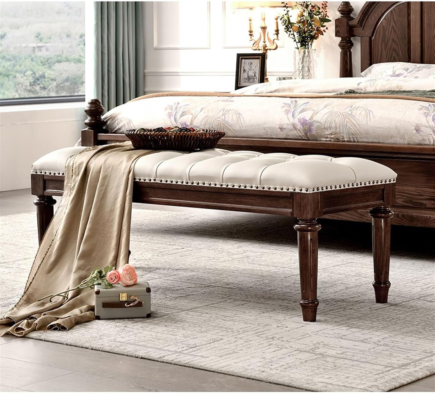 End Stool 1.2m/1.6m Rustic Style Wooden Bedside Stool Leather Vintage Bedroom Furniture Shoeshine Stool Bench Long Bench(120 * 48 * 45cm)