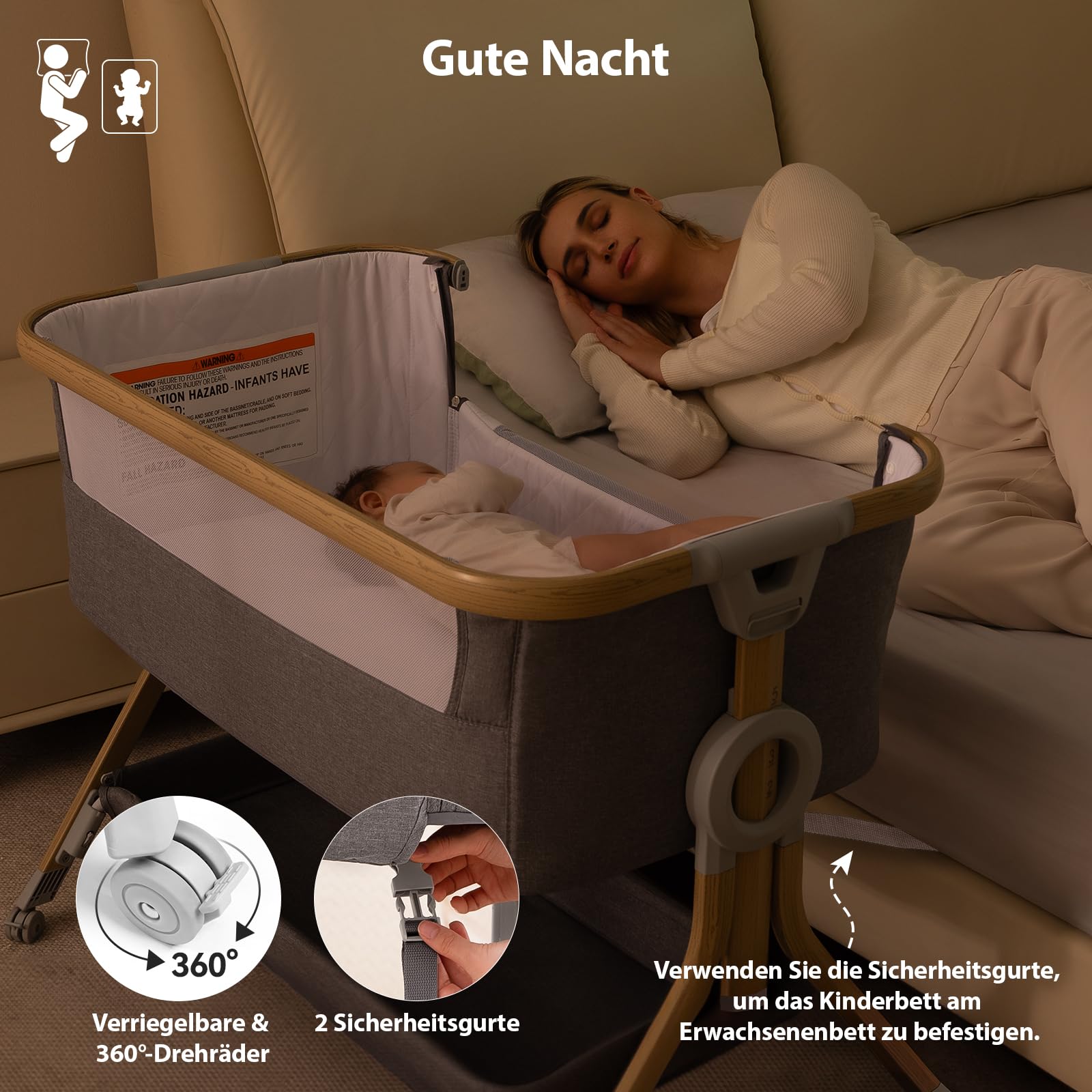 Larex Beistellbett Baby,3 in 1 Babybett mit Moskitonetz,Aufbewahrungstasche & Korb,5-stufig Höhenverstellbares Babybett,4 Räder mit Bremse,atmungsfreundliche Matratze & Mesh (Dunkelgrau)
