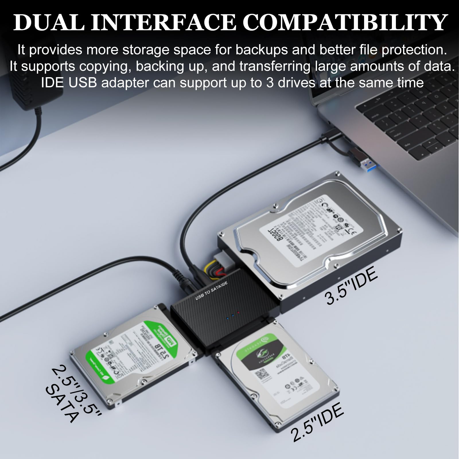 Adattatore USB 3.0 a SATA IDE per sare 2,5/3,5 pollici e IDEHDD/SSD, adattatore per disco rigido esterno con cavo usb e cavo SATA e alimentatore da 12 V/2 A