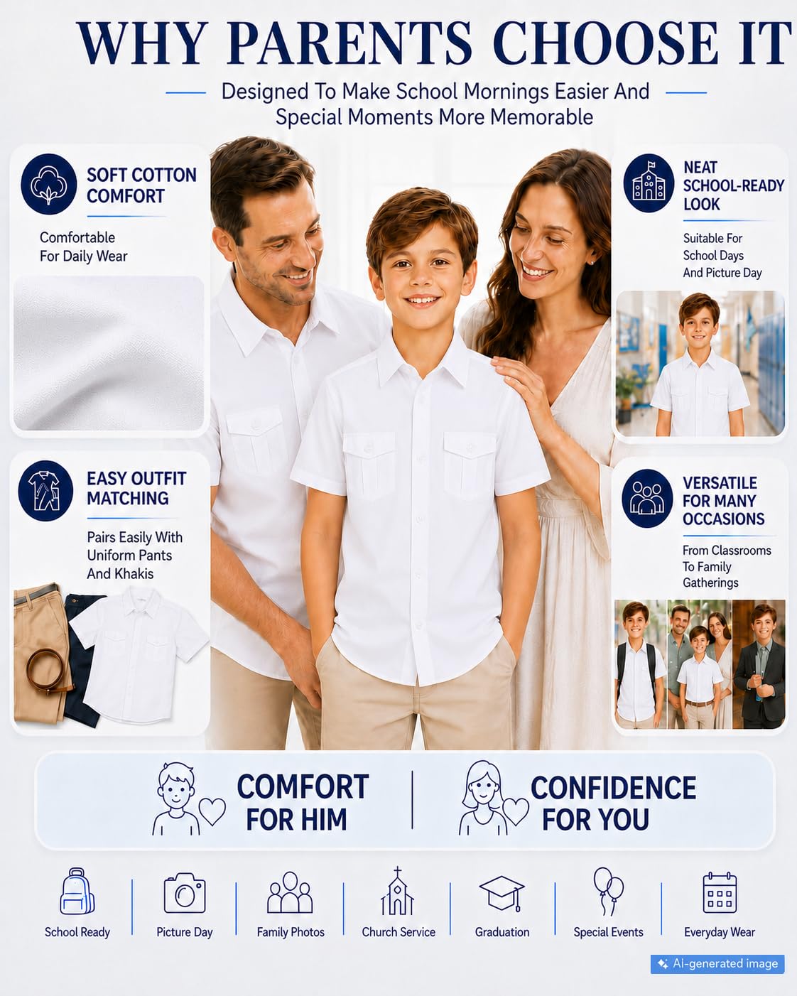 Bienzoe Garçons Manche Courte Chemise pour L'école: Enfants Bouton Haut Collier Robe Mode Chemises