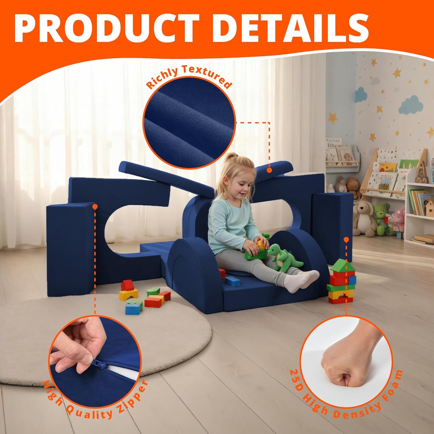 Modular Kids Play Couch 16pcs, Kids Toddler Couch Building Fort for Playroom, Bedroom, Toddler Sectional Play Sofa, Convertible Foam Cushion Sofa for Boys and Girls, Blue
