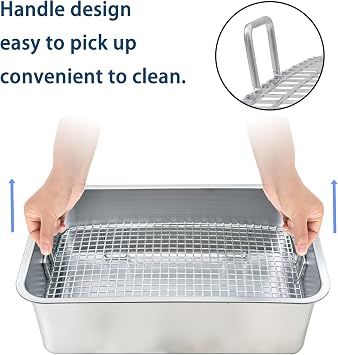 Large Stainless Steel Rabbit Litter Box,Bunny Litter Pan with Grid,Toilet Tray,High Back Wall,Deep Waste Storage (Medium)