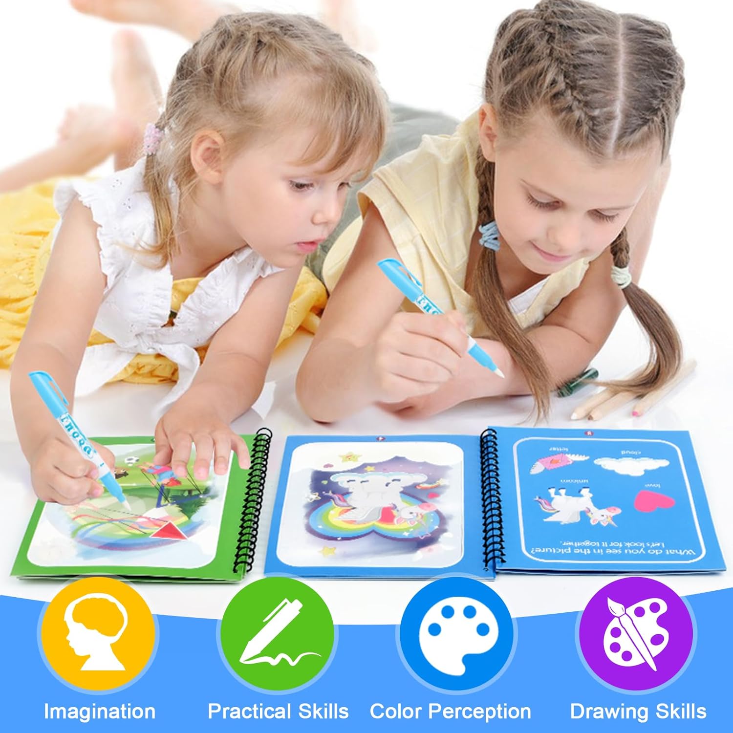 MINISOISO Water Drawing Book, 6 Pieces Magic Book with Water Pen, Reusable Magic Water Book for Kids, Boys, Girls, Toddlers, Christmas Gift
