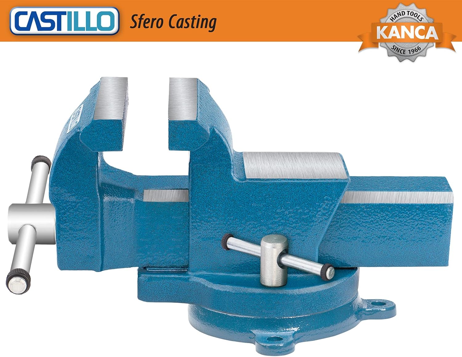 KANCA-CASTILLO,CAS-200, Bench Vise Made of Ductile Iron,8'' inch 77.000 PSI,Cast Vise,Jaws and Anvil Hardened, Swivel Base Rotate 360,Jaw Opening 8'' for Industrial Craftsmen,Home Improvement Tools