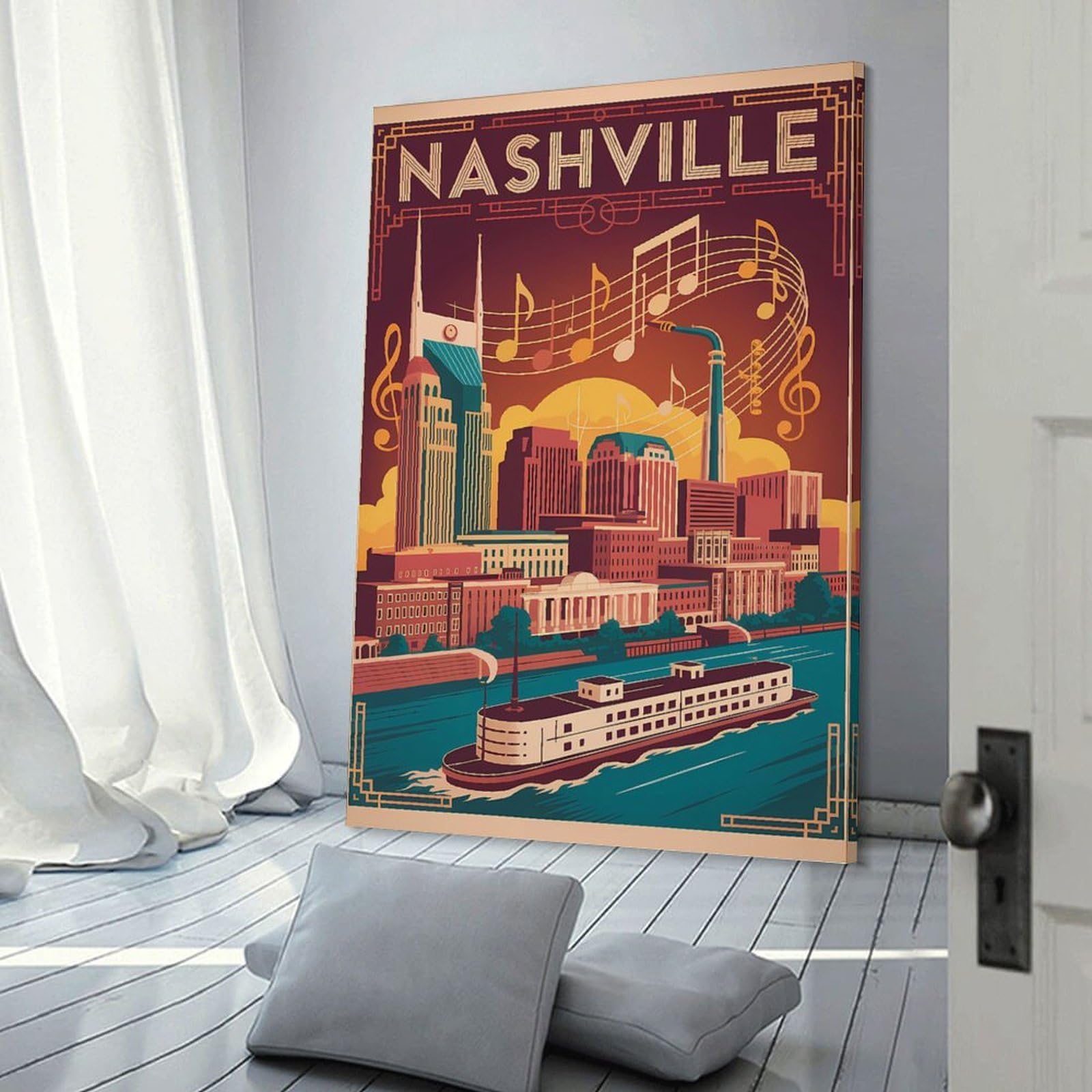 Junmoney Nashville Art Deco Travel Room Decor Wall Art 20x30inch(50x75cm), for Bedroom, Guest Room Or Reading Nook, An Easy Wall Refresh for Bedrooms