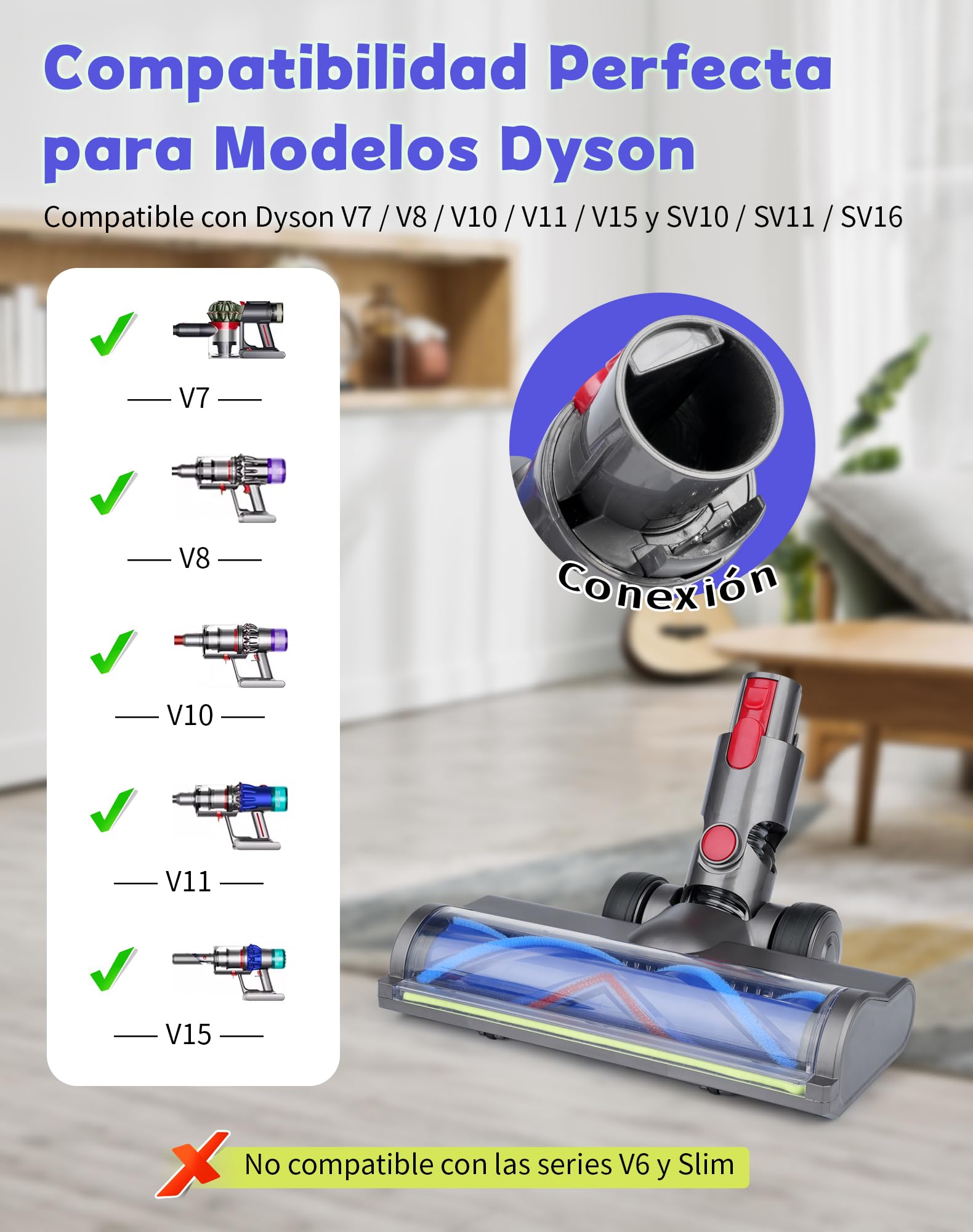 Cepillo para Dyson V7 V8 V10 V11 V15 con Luz LED Verde, Cepillo de Rodillo Suave Motorizado para Suelos Duros y Alfombras de Pelo Corto, Accesorio Aspiradora Dyson de Repuesto