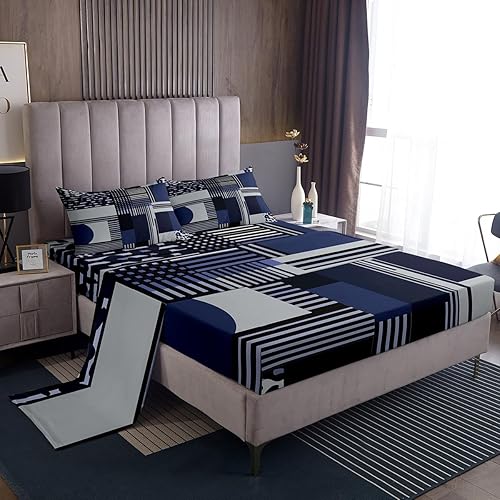 Manfei Juego de sábanas geométricas tamaño matrimonial, juego de sábanas de 4 piezas con estampado de leopardo y rayas azul marino con sábana bajera