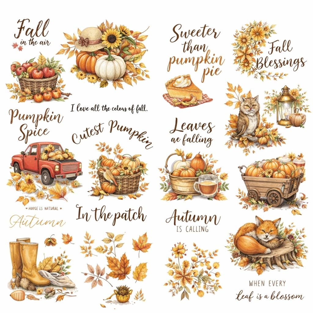 – Fall Autumn Theme UV DTF Rub-On Transfer Stickers, Waterproof Decals for Cup Mug Glass Water Bottle, 13 Patterns with Pumpkins Sunflowers Leaves, 2.5 Inch DIY Crafts for Notebook Laptop Car Luggage