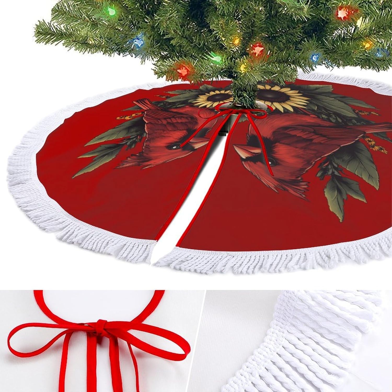 Cardinal Bird Sunflower Floral Christmas Tree Skirt Round Xmas Tree Mat Ornaments Tree Skirts with Tassels for Holiday Party