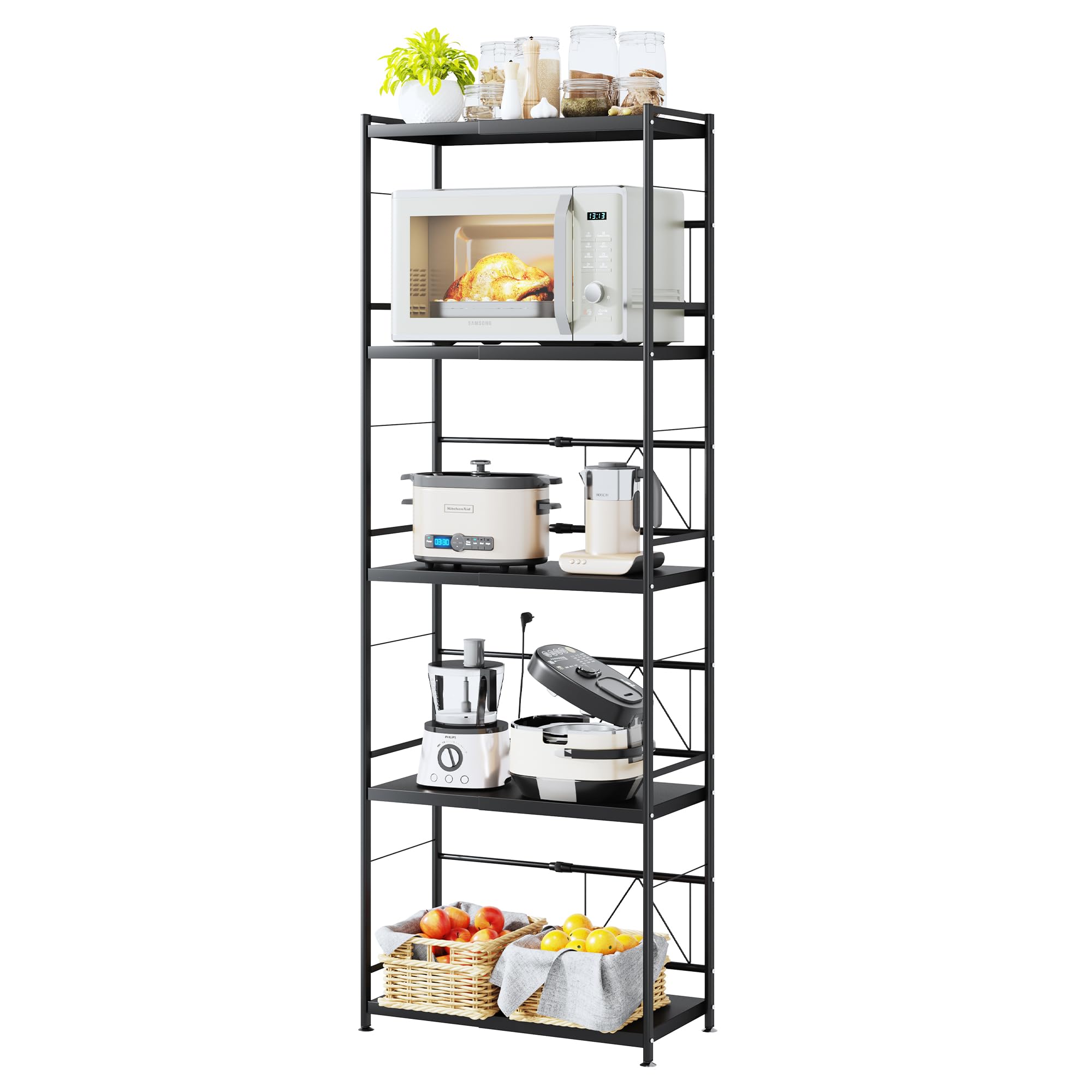 NETEL Expandable Microwave Shelf, 5 Tier Kitchen Storage Unit, Bakers Rack, Space-Saving Shelves Organizer for Pantry, Laundry, Kitchen, 32.5 D x 39-63 W x 154.5 H Black shelves