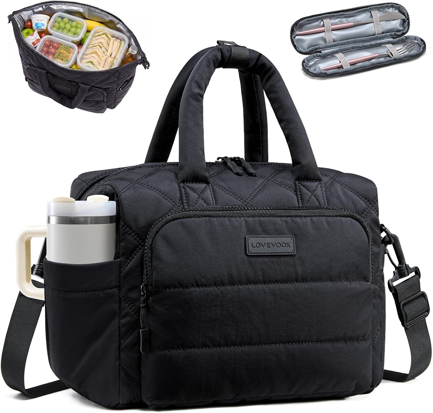 LOVEVOOK Insulated Lunch Bag Women,Puffer Lunch Cooler Box with Utensil Bag