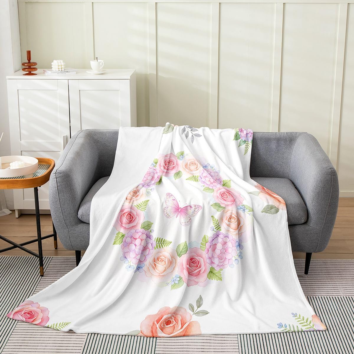 Erosebridal Girls Butterfly Flannel Blanket Queen Butterflies Floral Fleece Blanket Green Pink Garden Botanical Flowers Fuzzy Plush Throw Modern Minimalist Aesthetics Living Room Decor
