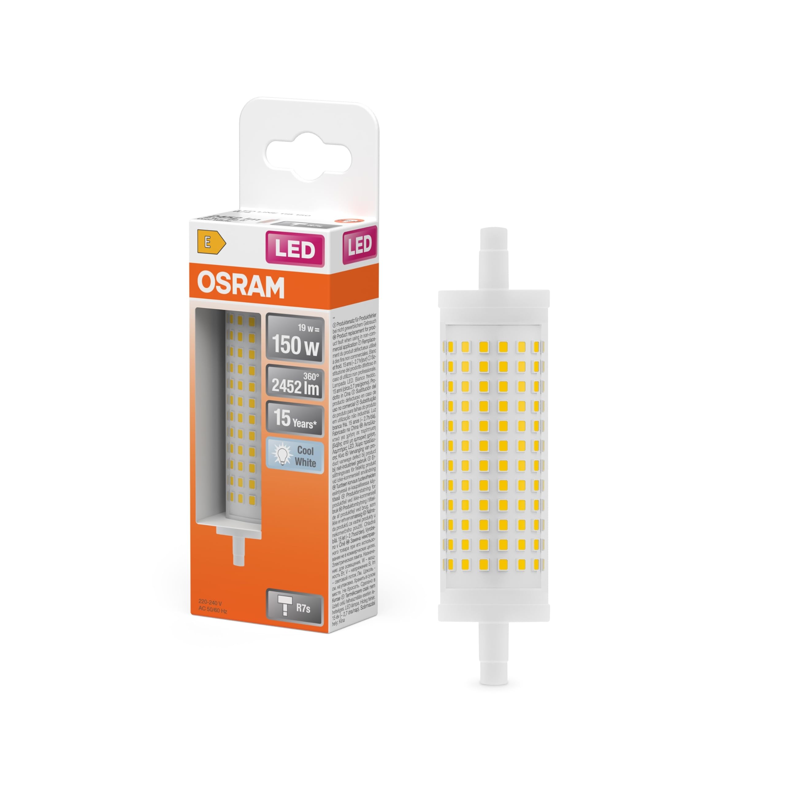 OSRAM LED Line LED lamp with R7s-Retrofit-Sockel, 19 W/2452 lm, Klar, kaltweißes Licht mit 4000 K, Nicht-dimmbar. IP20, bleifreies Glas, 28 mm Durchmesser, EEK E.