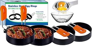 4 Pack Stainless Steel Egg Rings with Egg Separator, Round Professional Pancake Mold, Non Stick Round Mold for Fried Eggs, Omelet Egg Sandwich mold & Shaping Eggs, Household Kitchen Cooking Tool