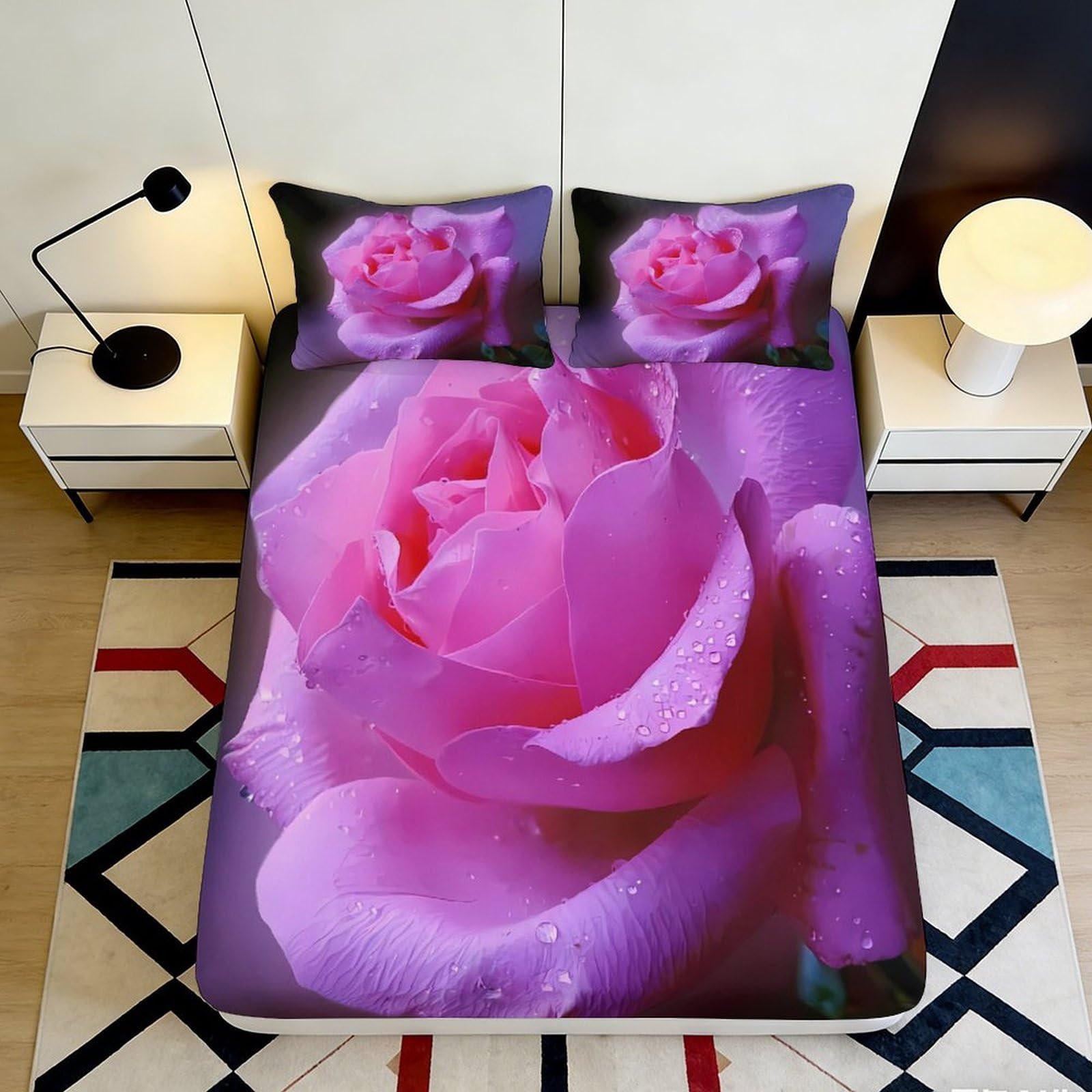 Qjzxknhpgr Style-7 3D Printed Pink Rose Flower Fitted Sheet Microfiber Soft Decor Romantic Blossom Bed Sheet Anti-Slip For Bedroom Guest Room 90X200x25cm