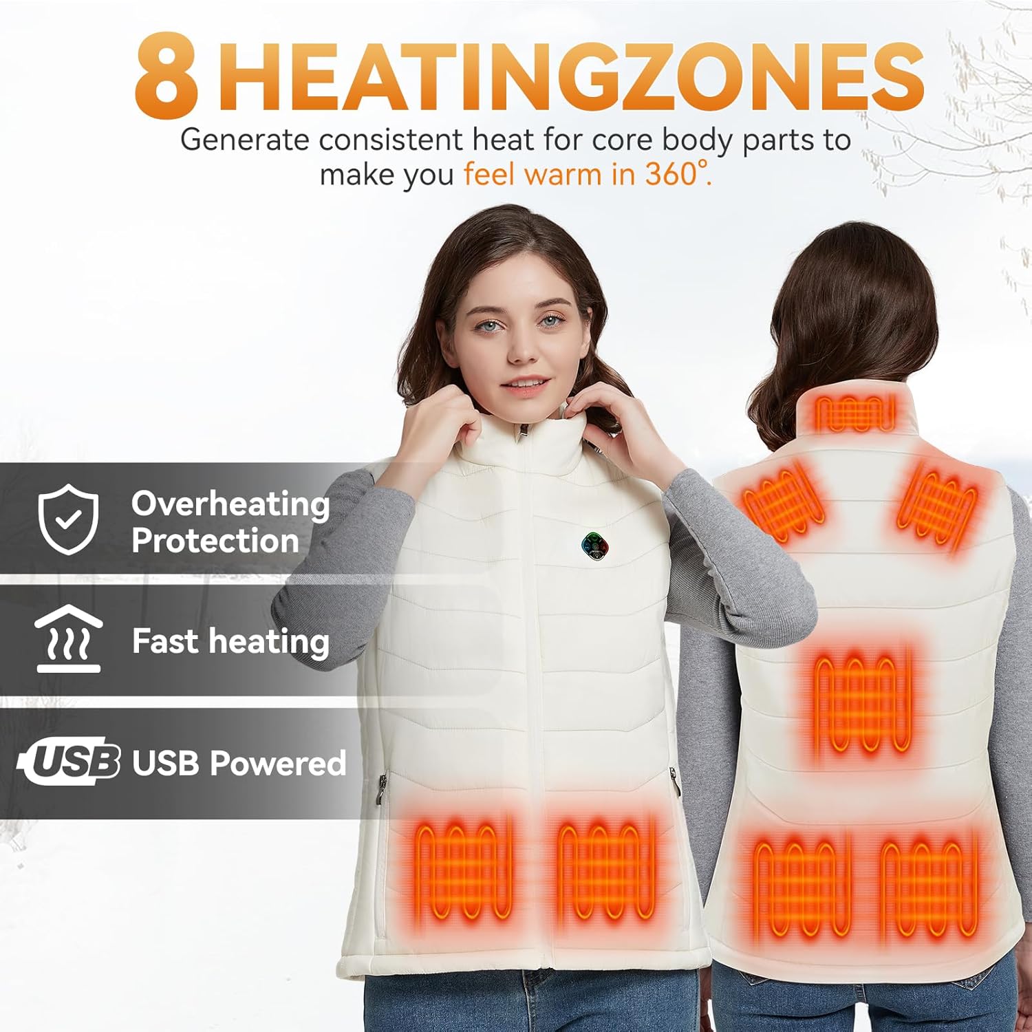 KOVNLO Womens Heated Vest with battery pack included(White, M), 4 in 1 Smart Controller, Lights-out Design, Lightweight Heating Vest