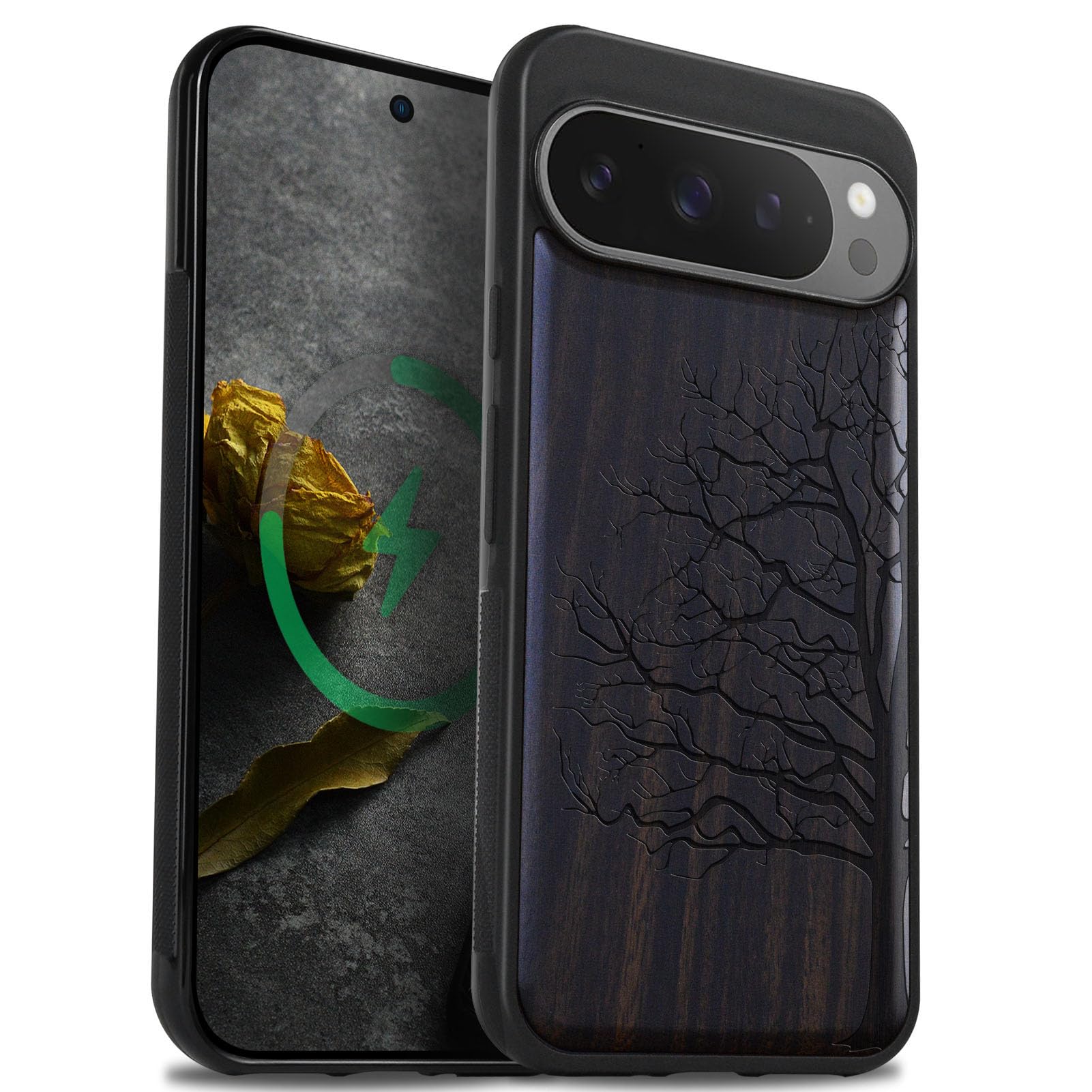 Carveit Magnetic Wooden Case for Pixel 9 Pro Google 9 Pro Case, Wood Artisan Engraved & Soft TPU Shockproof Cover, Compatible with MagSafe Wireless