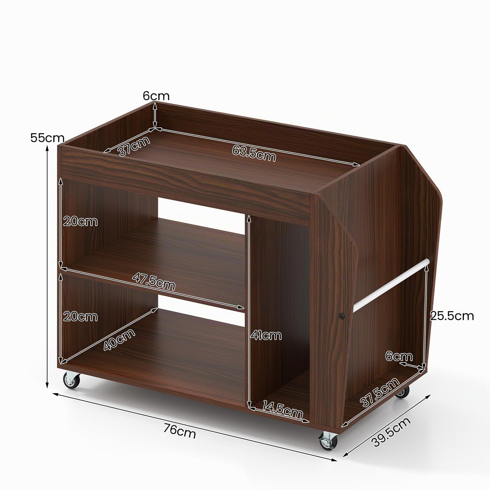LIFEZEAL Tavolino da Divano con 4 Ruote, Tavolino Laterale da Caffè a 3 Ripiani, in Legno, Piccolo, Salvaspazio, Anticaduta, Industriale, Rustico, Soggiorno, Salotto, Side Table, 76x39,5x55cm, Marrone