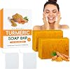 2PCS Turmeric Soap Bar, Natural Handmade Kojic Acid Soap for Face & Body, Dark Spot Acne Blackheads Remover for Even Skin Tone, Moisturizing Erase Fine Lines, Gentle Vitamins C Soaps with Foaming Nets