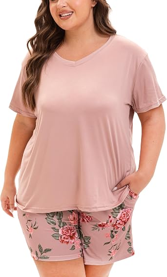 Plus Size Pajamas for Women Set, 2 Piece Womens Plus Size Short Sleeve V Neck Top and Shorts Pajama Sets with Pockets