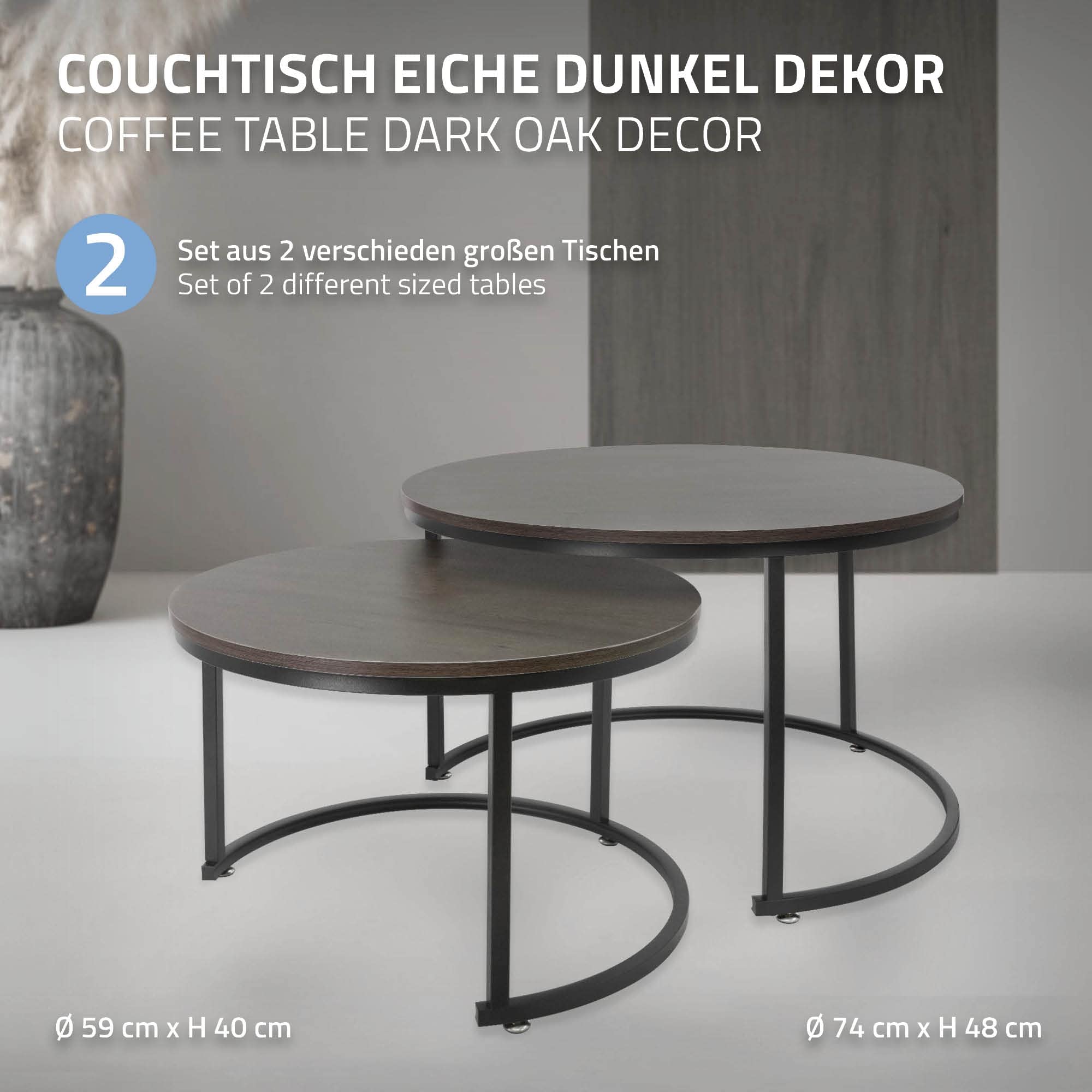 ML-Design Juego de 2 Mesas Auxiliares Redondas de Centro Ø59x40cm/Ø74x48cm MDF Roble Oscuro Estructura de Metal Negro Mesita para Salón Diseño Moderno Tablero para Lámparas Accesorios Decorativos