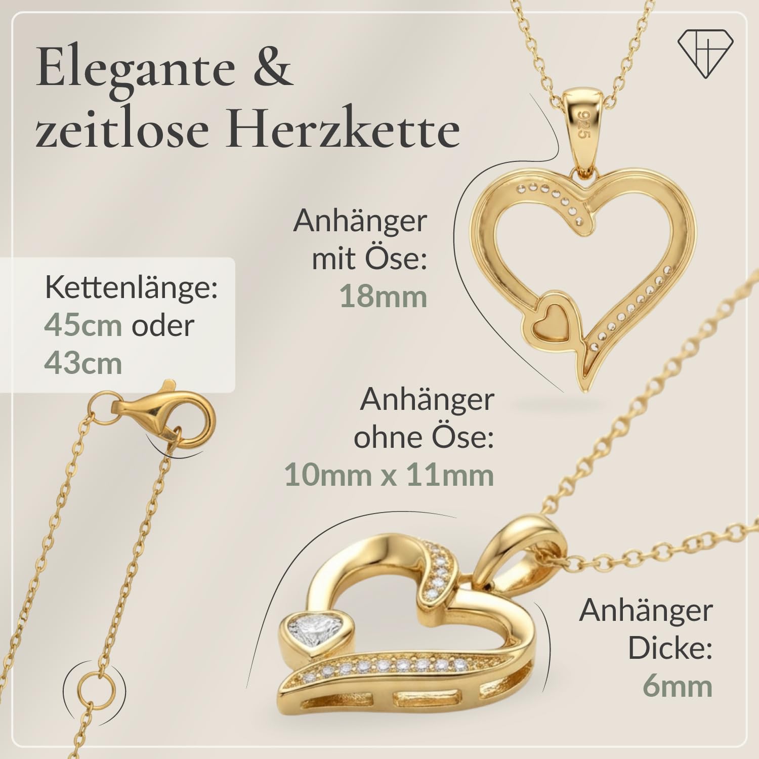 Hannah's Treasures Herzkette mit Zirkonia-Stein aus 925er Silber, 45 cm – auch mit Vergoldung in Gelbgold und Roségold - Silberkette mit Herzanhänger für Frauen