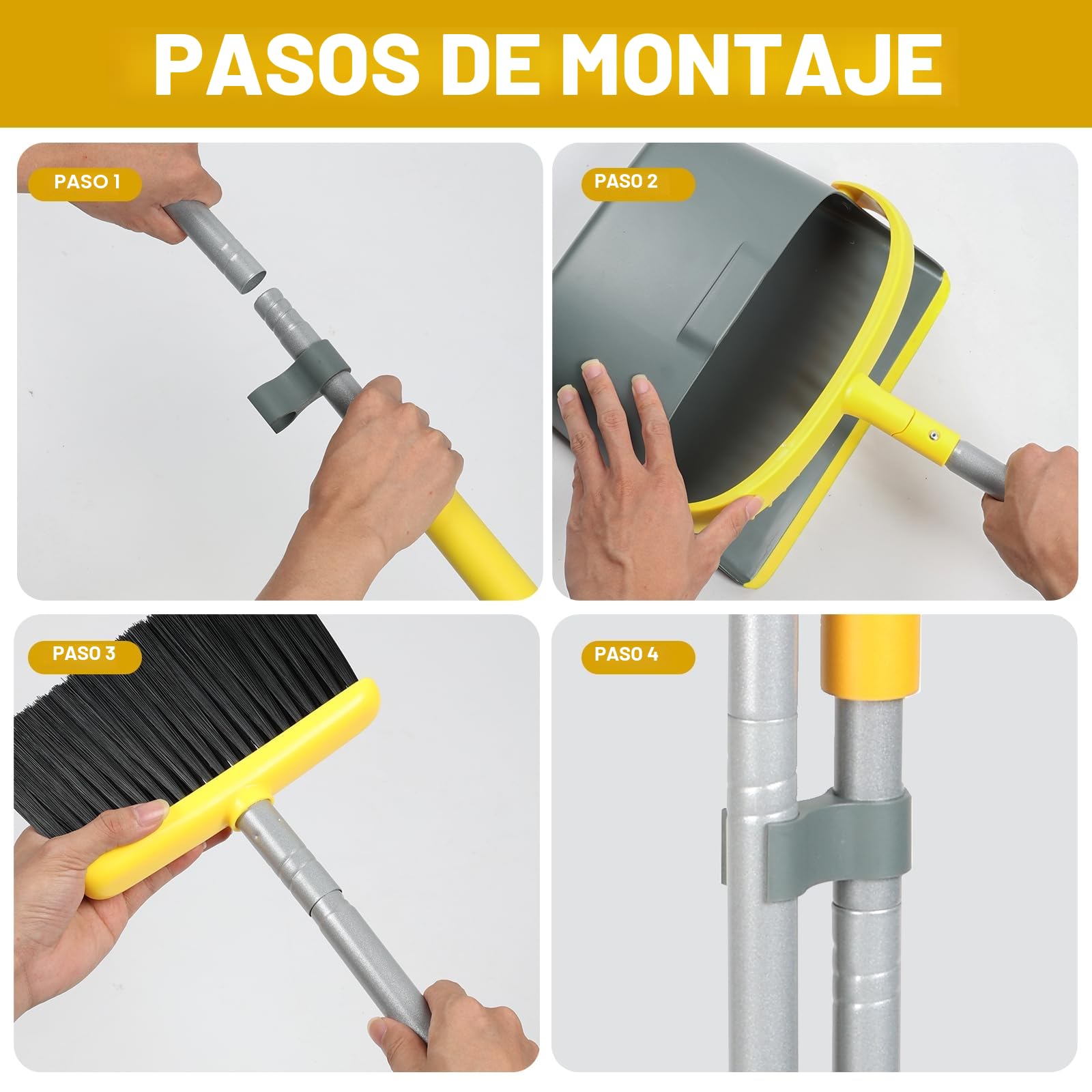 Juego de escoba y recogedor con mango largo de 137 cm - Combo perfecto de recogedor y cepillo para limpieza eficiente del hogar (amarillo y gris)