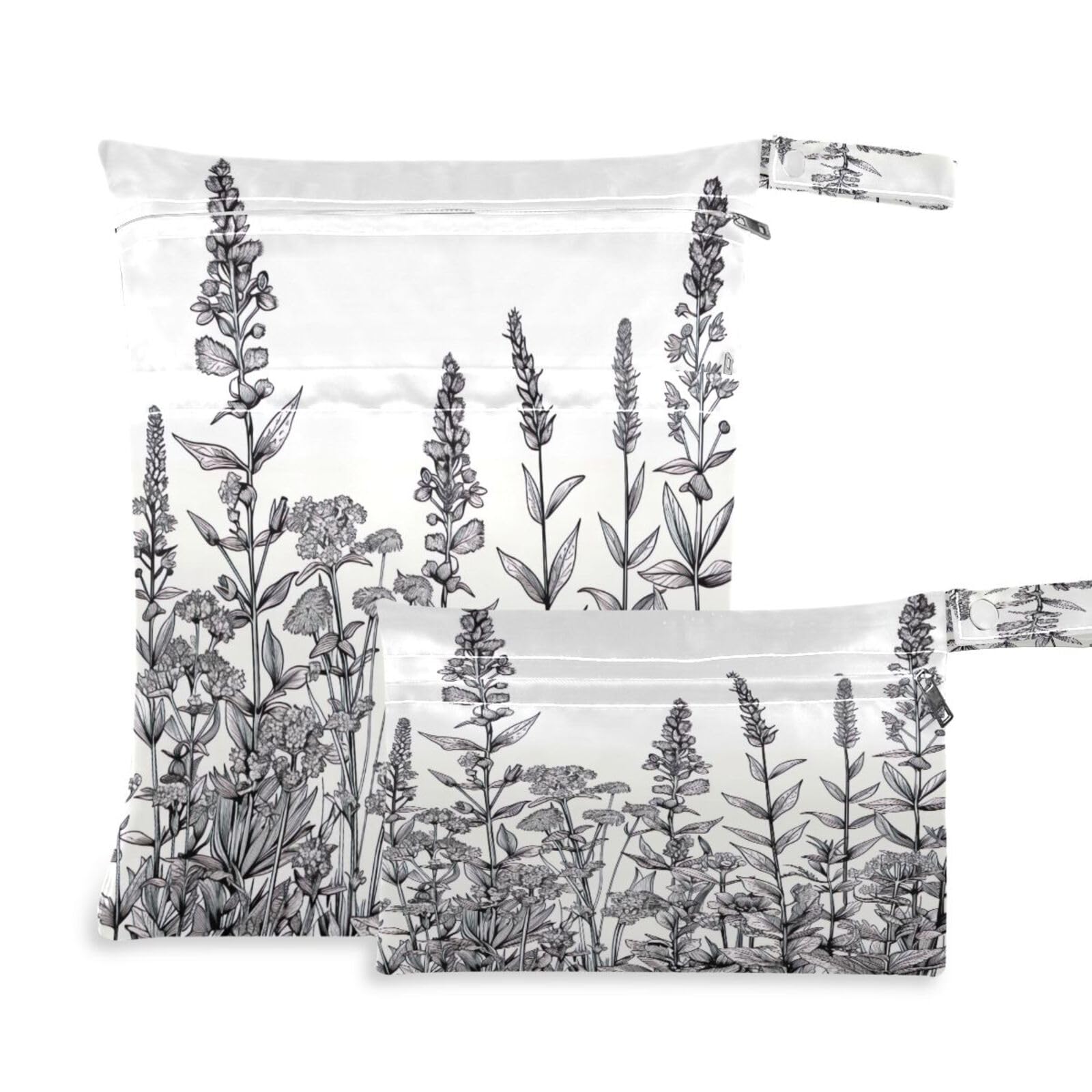 ATTX Black and White Flowers Wet Dry Bags 2-Pack - Reusable Cloth Diaper Storage for Travel, Beach & Gym | Multi-Use Waterproof Bags for Swimsuits, Baby Clothes, Sports Gear#64