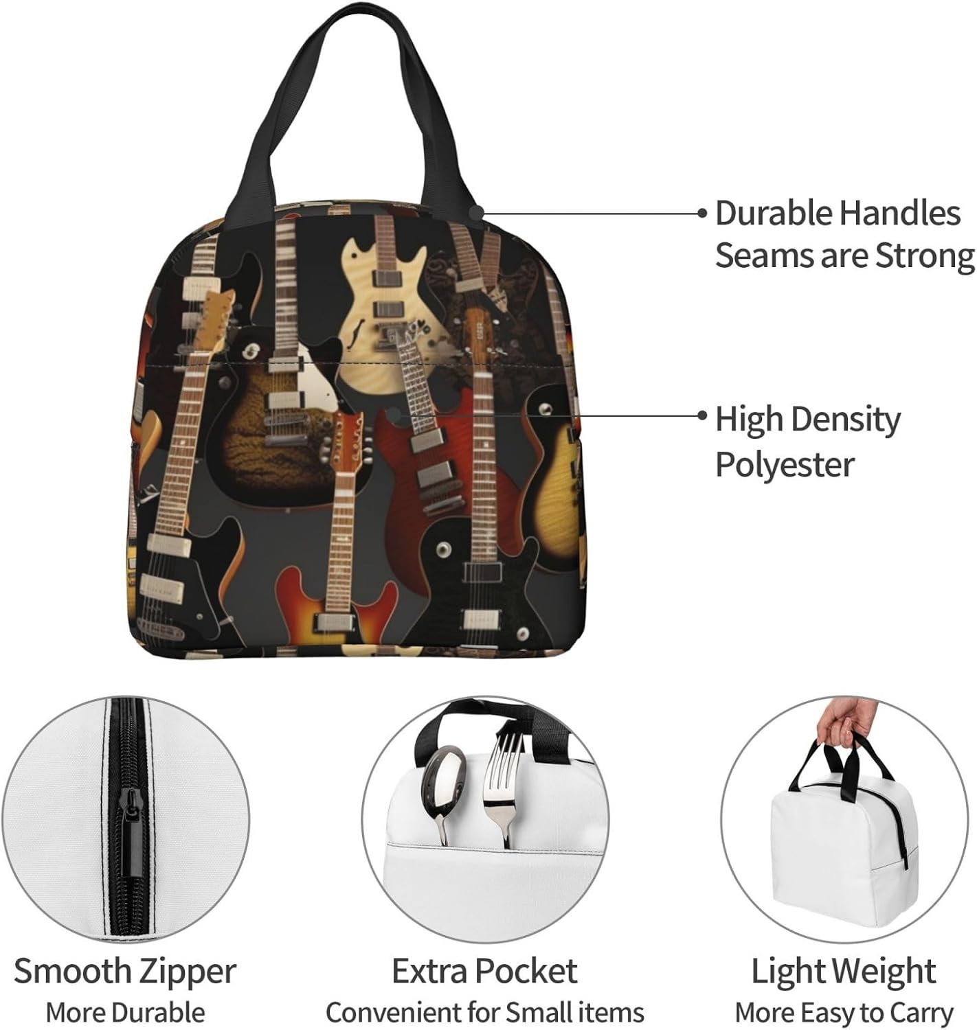 Lunch Bag For Women Men Guitars Printing Reusable Insulated Lunch Box Leakproof Insulated Lunch Bag Lunch Box Cooler For Work,Travel,Outdoor,Picnic, Black