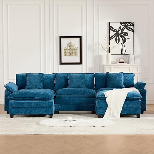 Miniatura 3 de Sofás seccionales modernos de 117.9 pulgadas para sala de estar, cómodo sofá nube de felpilla azul, sofá seccional de 3 plazas para sala de estar