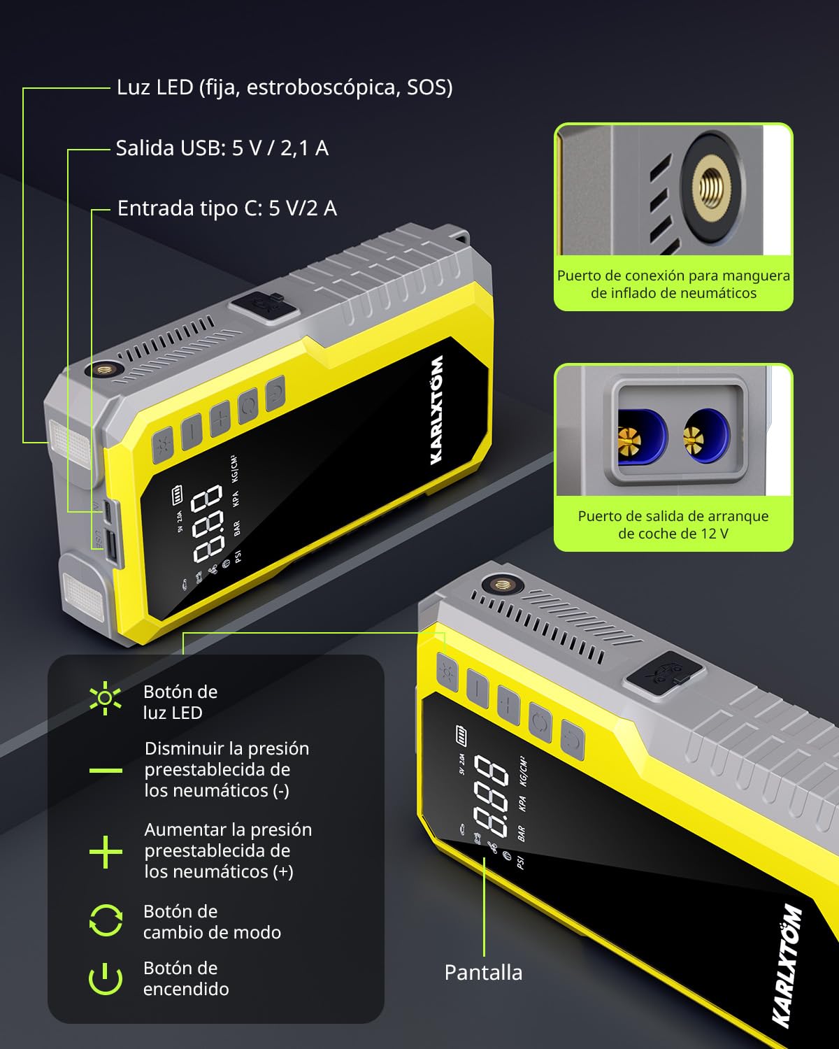 Karlxtom Arrancador de Baterias de Coche 4500A, Compresor de Aire de 190 PSI (Toda Gasolina o 10L Diésel)，12V Arrancador de Coches, Linterna LED de 500 Lúmenes, Pantalla LCD