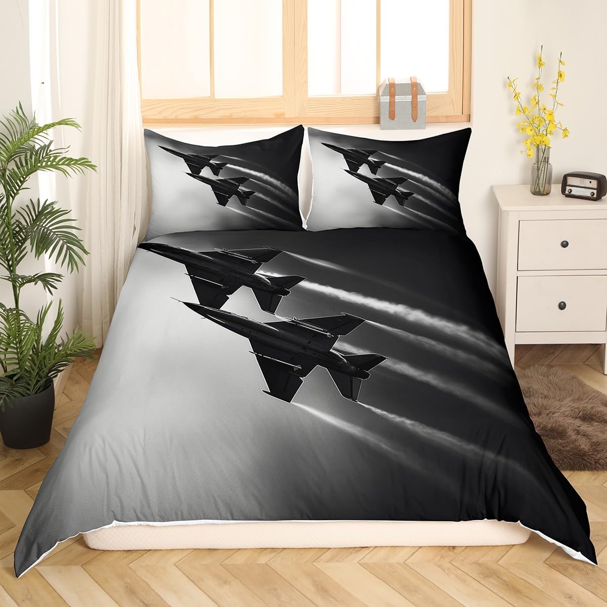 Manfei Airplanes Duvet Cover(No Comforter),Vintage Fighter Plane Military Style Duvet Cover for Teens Adults,Aircraft Photography Black Gray Bedding with 2 Pillowcases