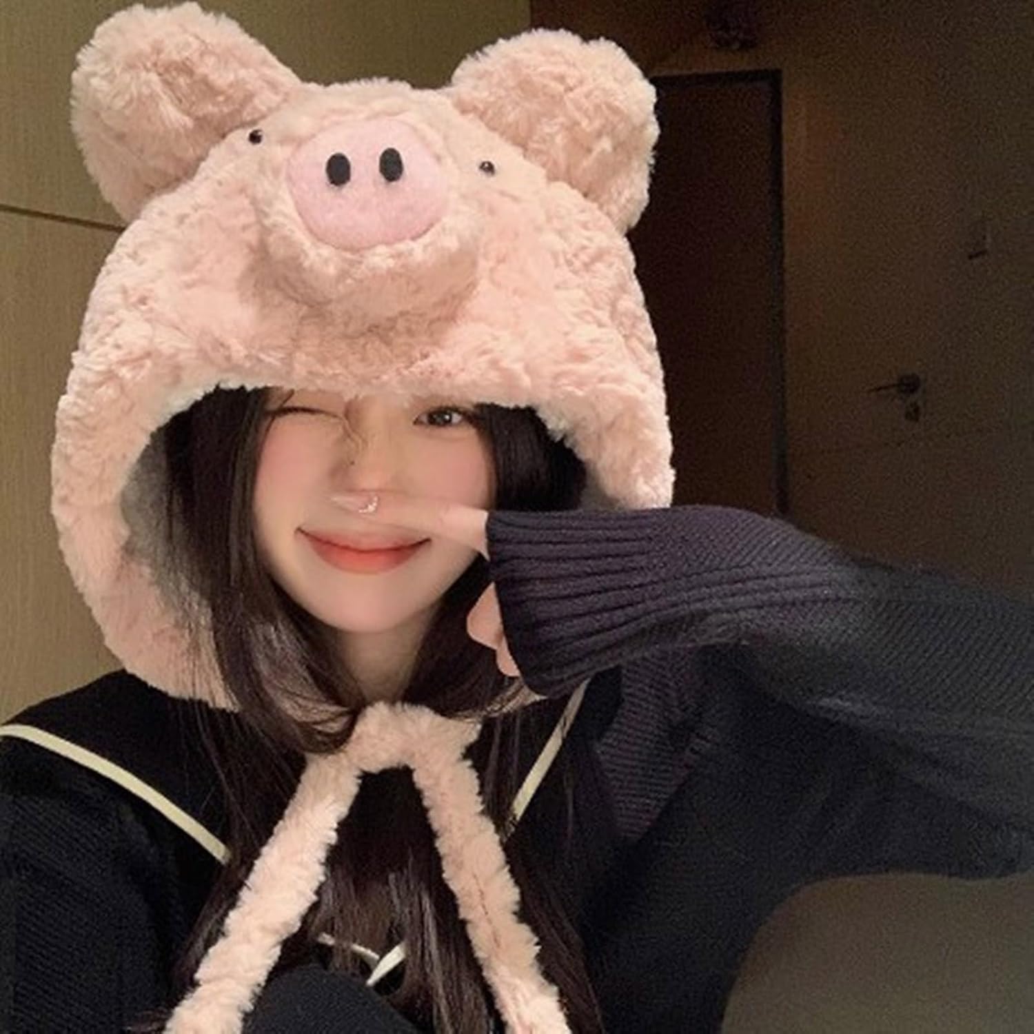 Cartoon Piggy Plush Earflap Hat Cold Weather Accessory for Festival Winter Thermal Furry Animal with Fleece Lining Fun Ear Multicolor