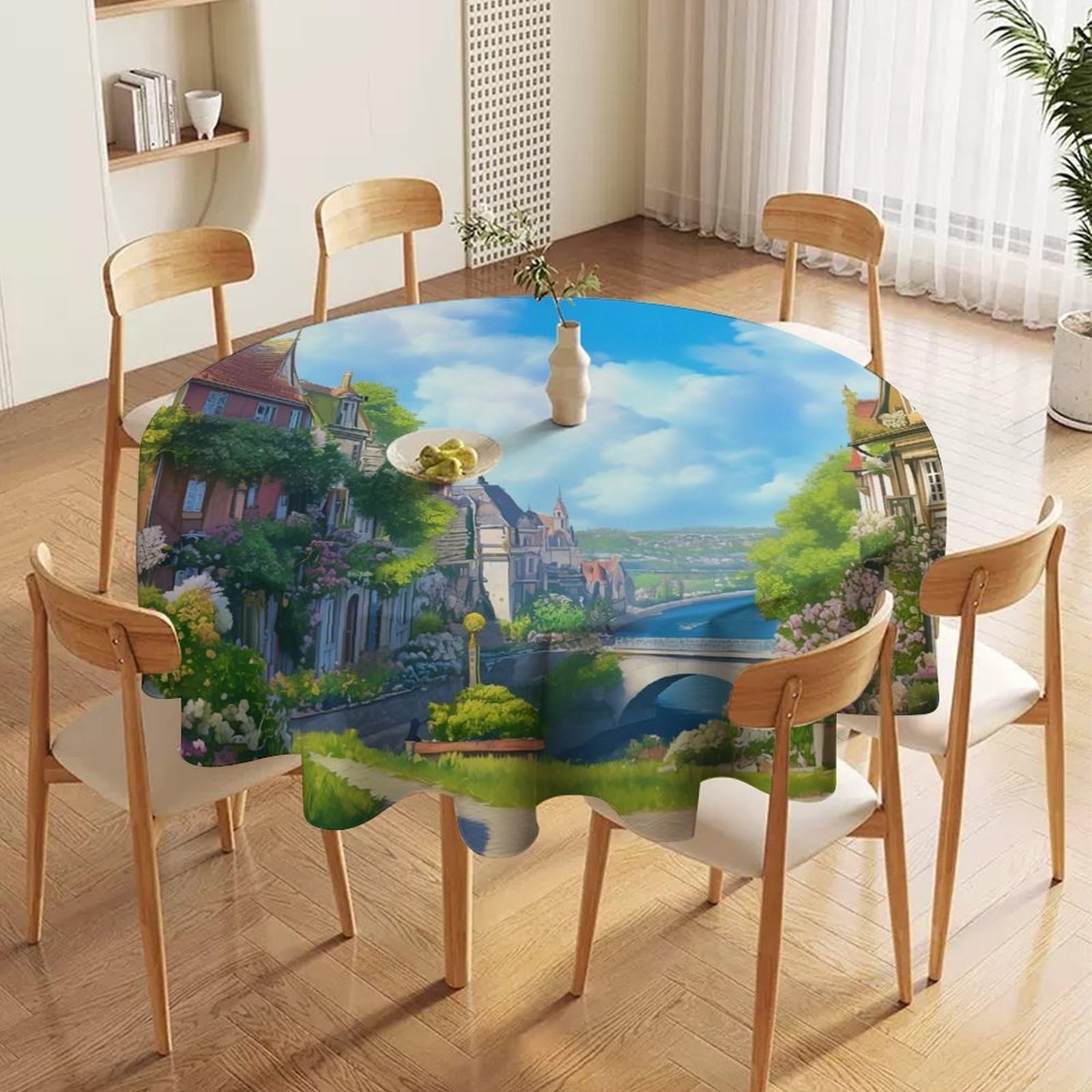 ORDOBO Round Table Cover -Seaside City Print Home Table Cover For Dinner Kitchen Holiday Outdoors Protect Table Waterproof Dust-Proof Decoration 127X127Cm