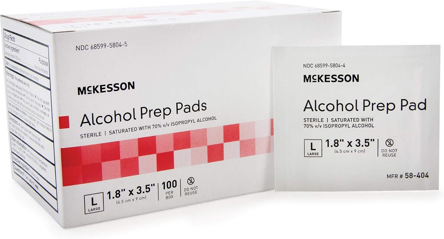 McKesson Alcohol Prep Pads, 2-Ply 70% Isopropyl Alcohol Individually Wrapped Wipes, 100 Count, 1 Pack