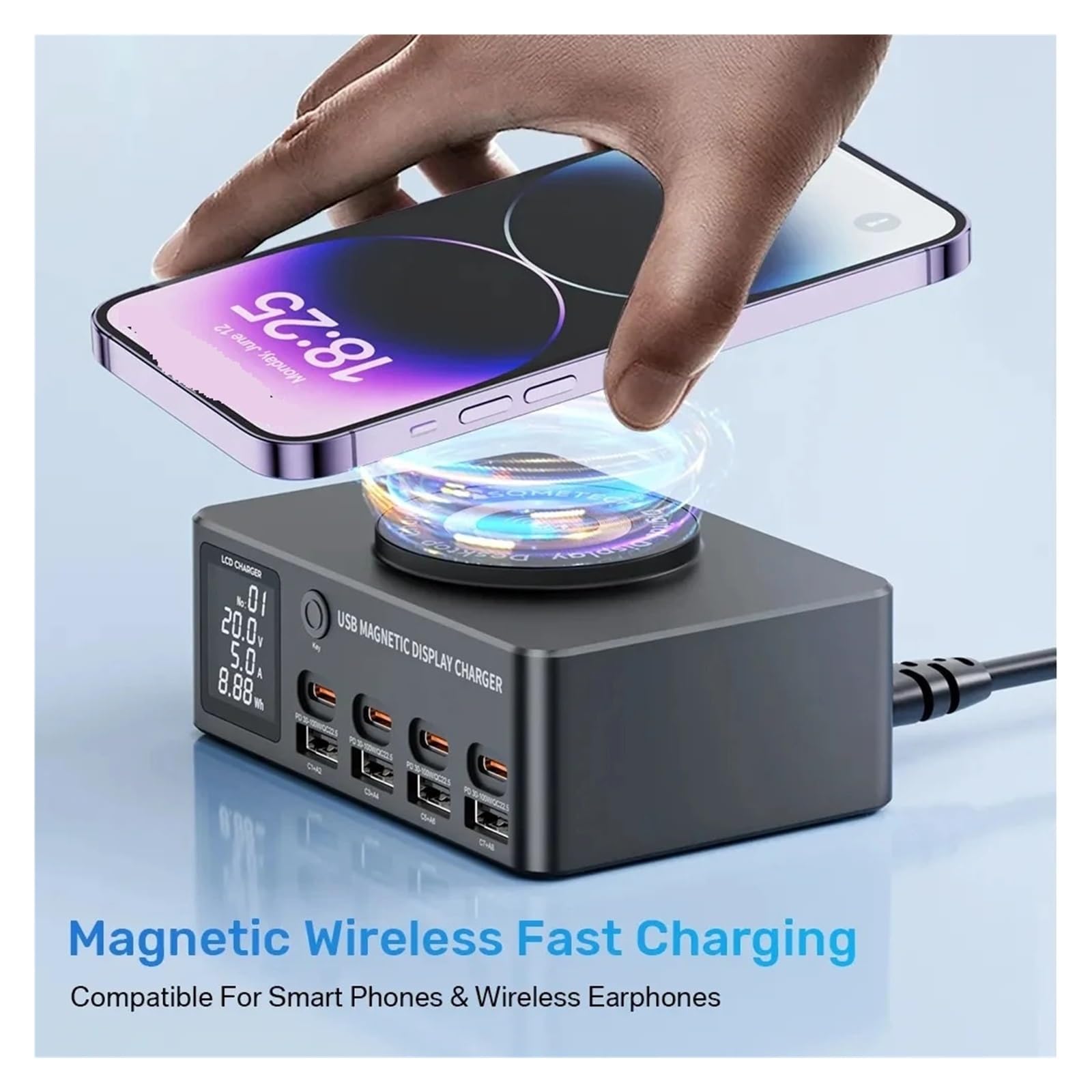 Caricabatterie Wireless Con Stazione Di Ricarica Rapida Multi USB-C Da 140 W Display LED PD QC 3.0 Capacità Di Ricarica Rapida