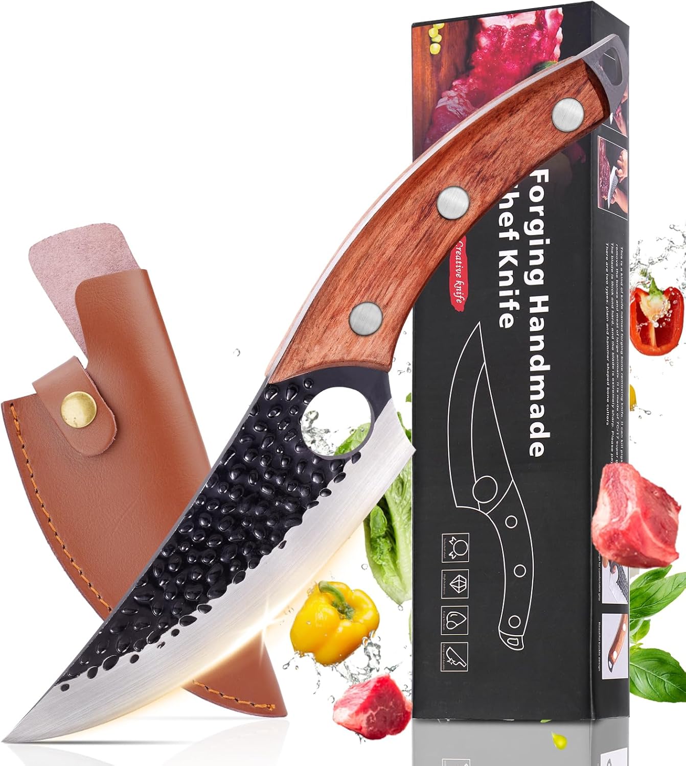 Chef Knife, Boning Knife for Meat Cutting, Viking knife with sheath,Hand Forged Japanese Knife,Kitchen Knives For Home, Outdoor Cooking, Camping BBQ (Yellow)