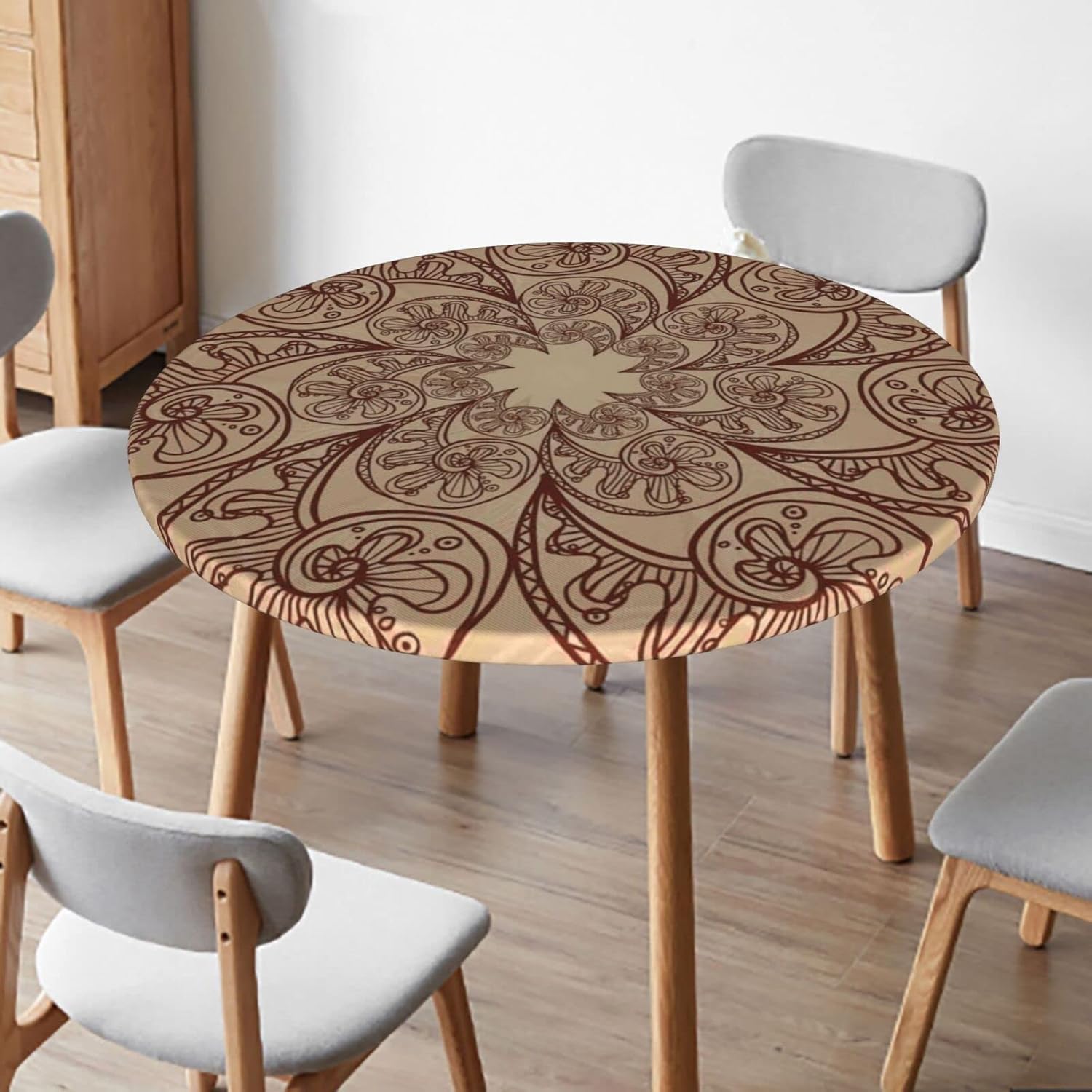 Brown Mandala Round Tablecloth,Indoor Kitchen Dinning Room or Outdoor,Waterproof and wipeable,Round Tablecloth with Elastic Edges,Chestnut Brown Beige- Fits Tables to 57″ - 68”