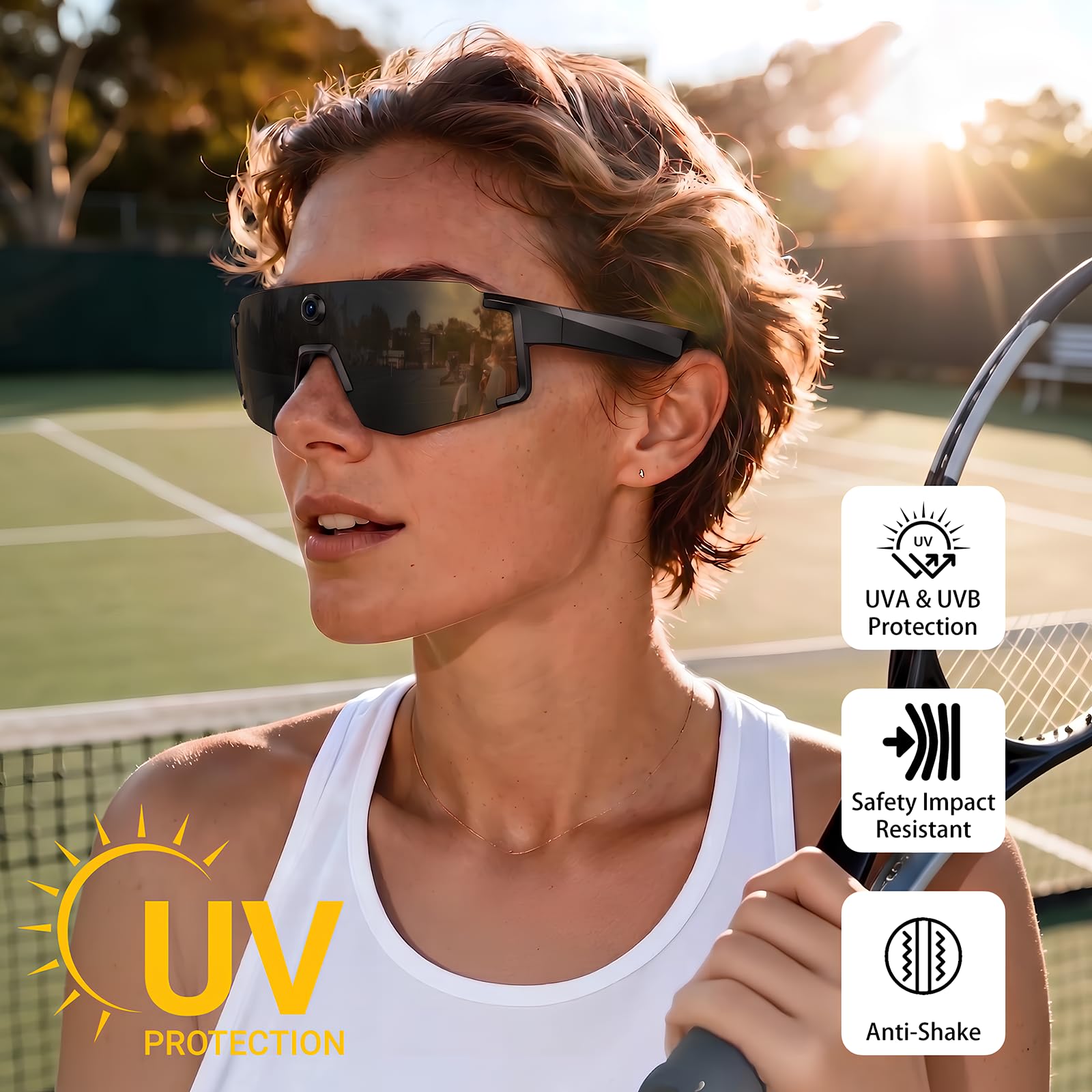 Occhiali con Telecamera 8MP, Smart Glasses AI per Ciclismo e Sport | Chiamate Bluetooth & WIFI, Traduzione AI in Tempo Reale, Riconoscimento di Oggetti, Protezione UV400