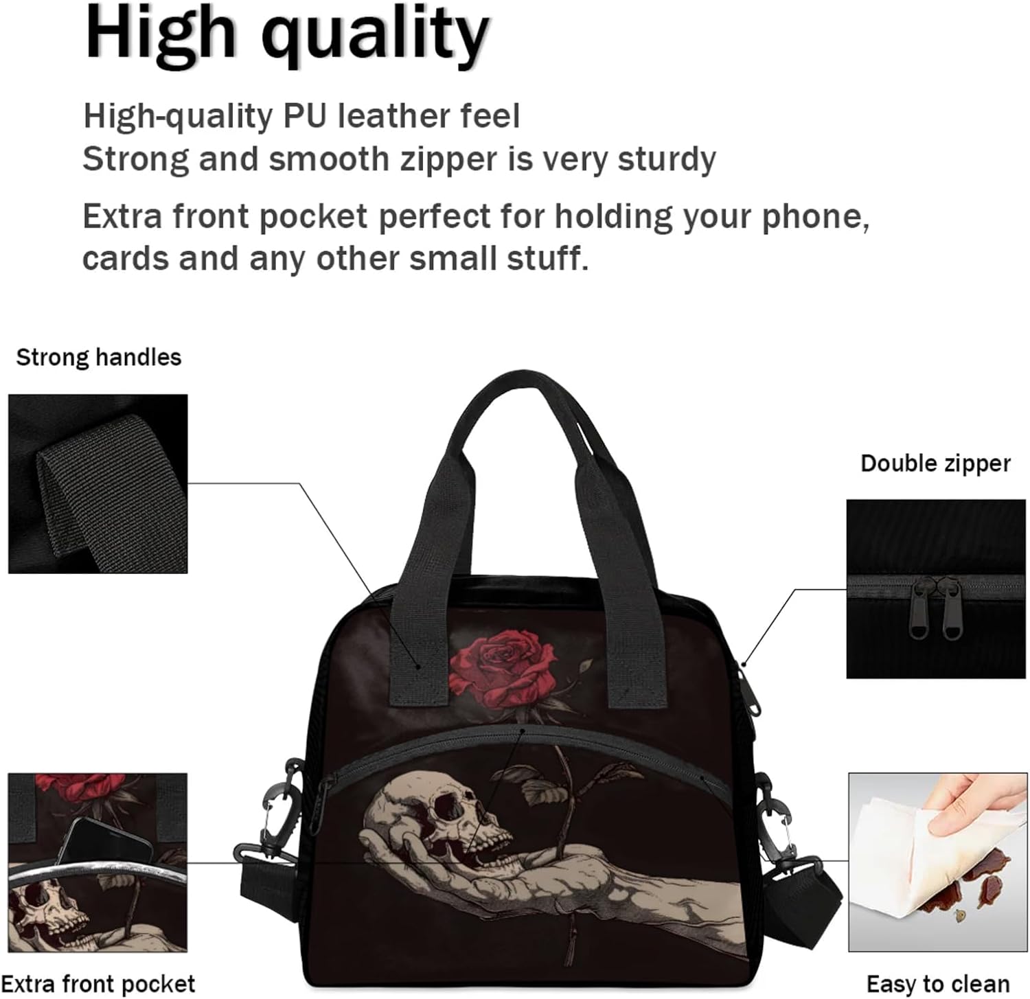 Large Lunch Bag for Women Adult Black Skull Rose Insulated Lunch Box with Adjustable Shoulder Strap,Waterproof Portable Cooler Tote Bags for Work Picnic Beach Travel Office image 5