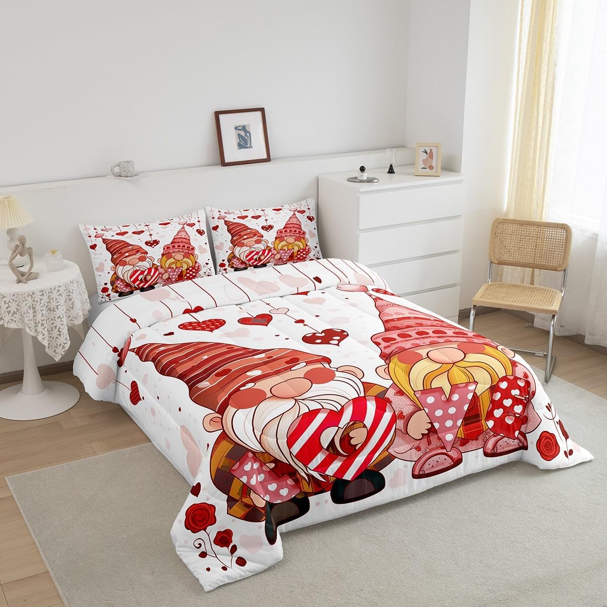 Castle Fairy Happy Valentine's Day Bedding Set King Size,Cute Love Red Heart Shaped Print Comforter Set Room Decor for Home,Romantic Pink Couple Style Microfiber Down Comforter,with 2 Pillowcases