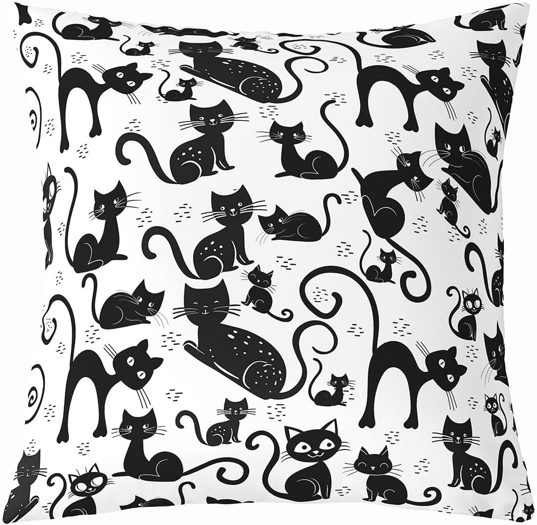 Cute Cats Throw Pillow Cover 24x24 Inch Happy Halloween Lovely Pet Decor Pillow Case for Kids Boys Girls Kawaii Cartoon Black Animal Decor Cushion Cover for Living Room Office