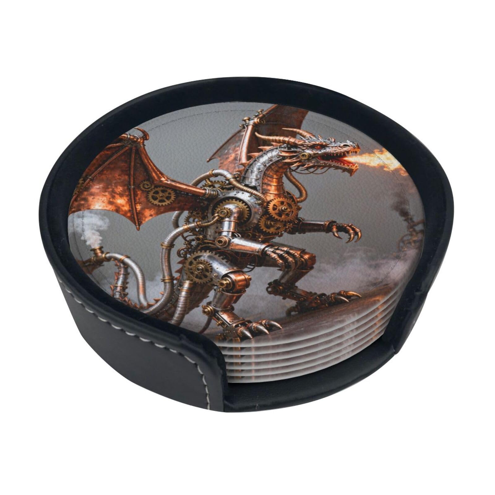 Cntdbu White Steampunk Dragon Gear Leather Coasters Set Of 6-Pu Leather Drink Mats For Table, Heat Resistant Round Coasters With Holder