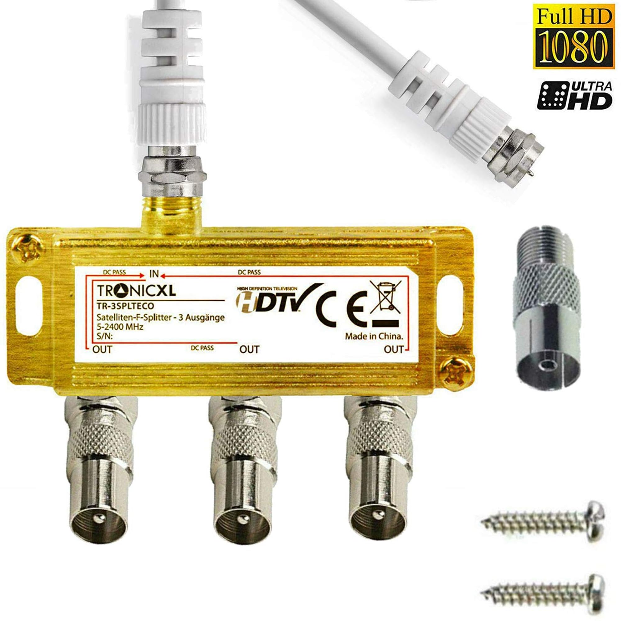 TronicXL Distribuidor de antena IEC de 3 vías, cable de TV, adaptador de cable coaxial, por ejemplo, compatible con Unitymedia Vodafone Netcom PYUR komro RFT EWE TEL Unicable DVBT DVBC CATV