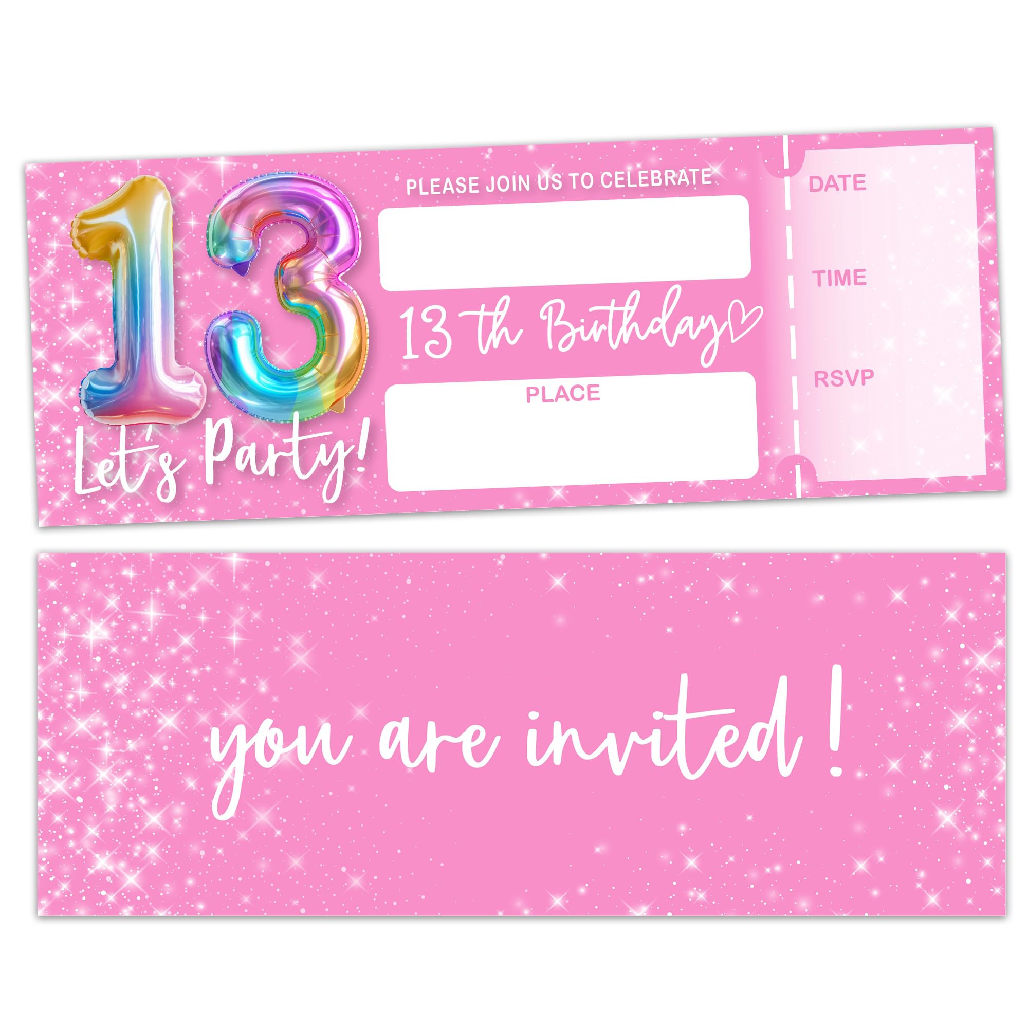 Eronm Invitaciones rosas de cumpleaños número 13, invitaciones de cumpleaños de boletos de 3 x 8 pulgadas, 20 tarjetas de invitación de doble cara con sobres, recuerdos de fiesta y suministros, globo