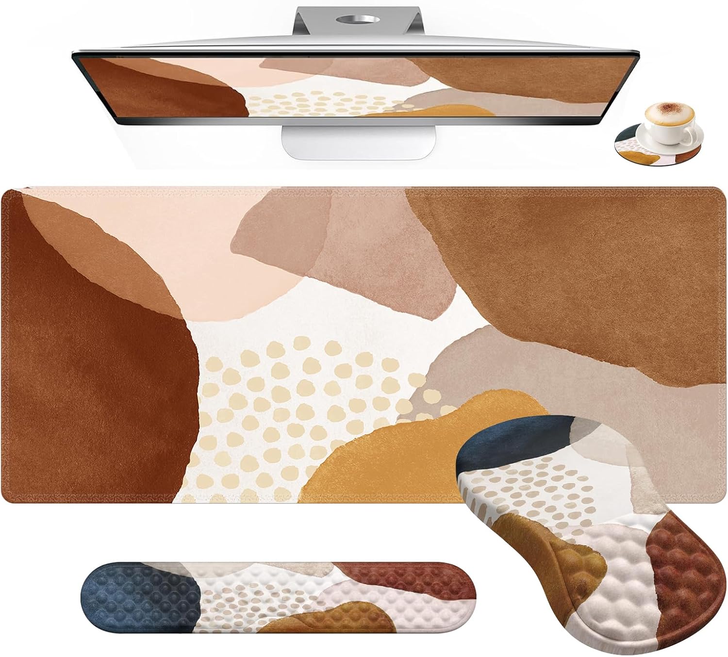 HAOCOO Desk Mat, Ergonomic Mouse Pad Wrist Support and Keyboard Wrist Rest, 4 PCS Computer Mouse Pads for Desk with Coaster Set, Memory Foam Mousepad with Non-Slip PU Base for Home Office, Boho