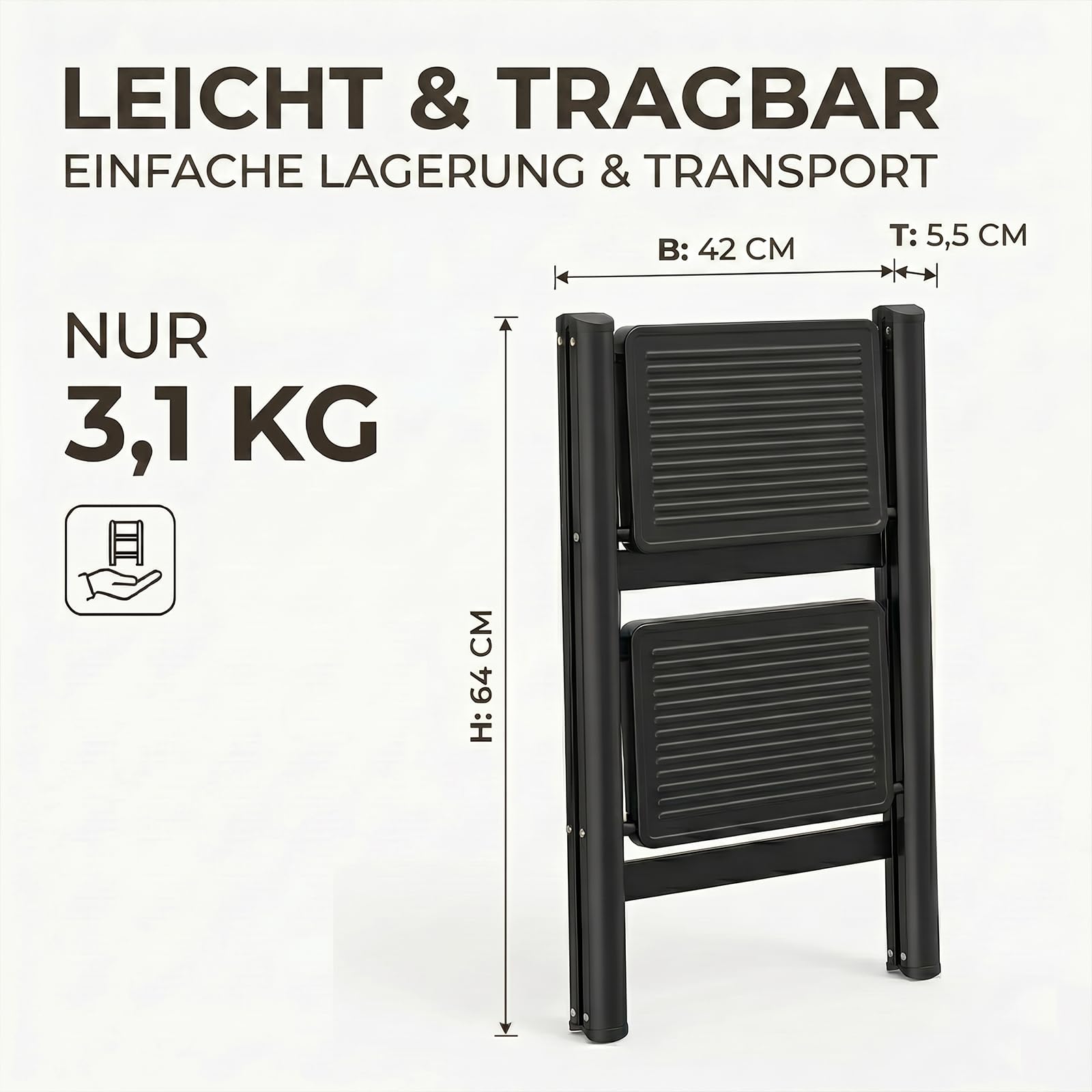 Escabeau pliable à 2 marches avec large pédale antidérapante, marchepied d'une capacité de 150 kg, pour la maison, le garde-manger, l'intérieur et l'extérieur (2 marches)