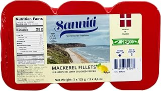 Sanniti Mackerel Fillets in Lemon Oil & Crushed Pepper - Omega-3 Rich Superfood, High Protein, 4.4oz Pack of 3