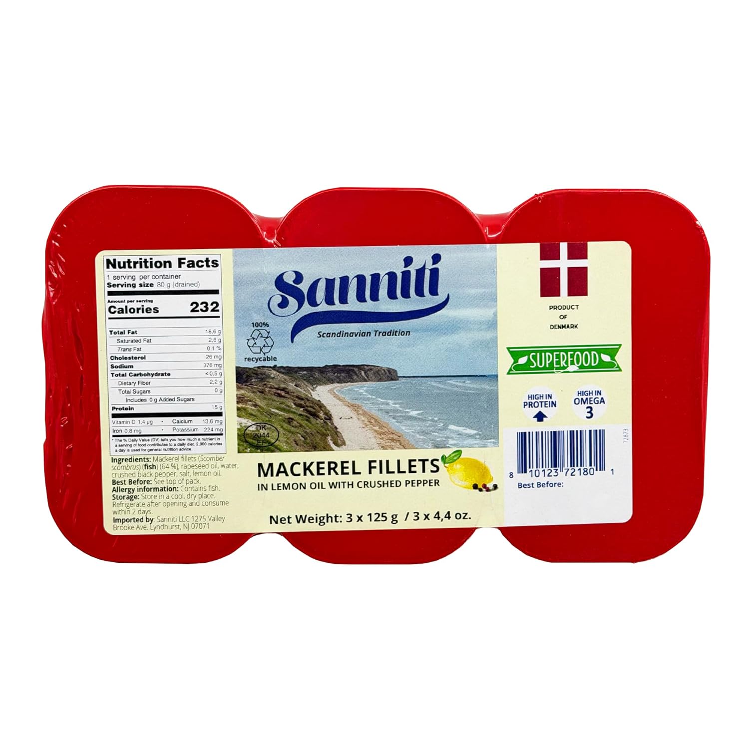Sanniti Mackerel Fillets in Lemon Oil & Crushed Pepper - Omega-3 Rich Superfood, High Protein, 4.4oz Pack of 3
